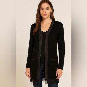 Lauren Conrad Blue Longline Cardigan Sweater Lace Trim Metallic Preppy Office XS